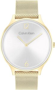 Calvin Klein Relógio feminino de quartzo iônico banhado a ouro e pulseira de malha
