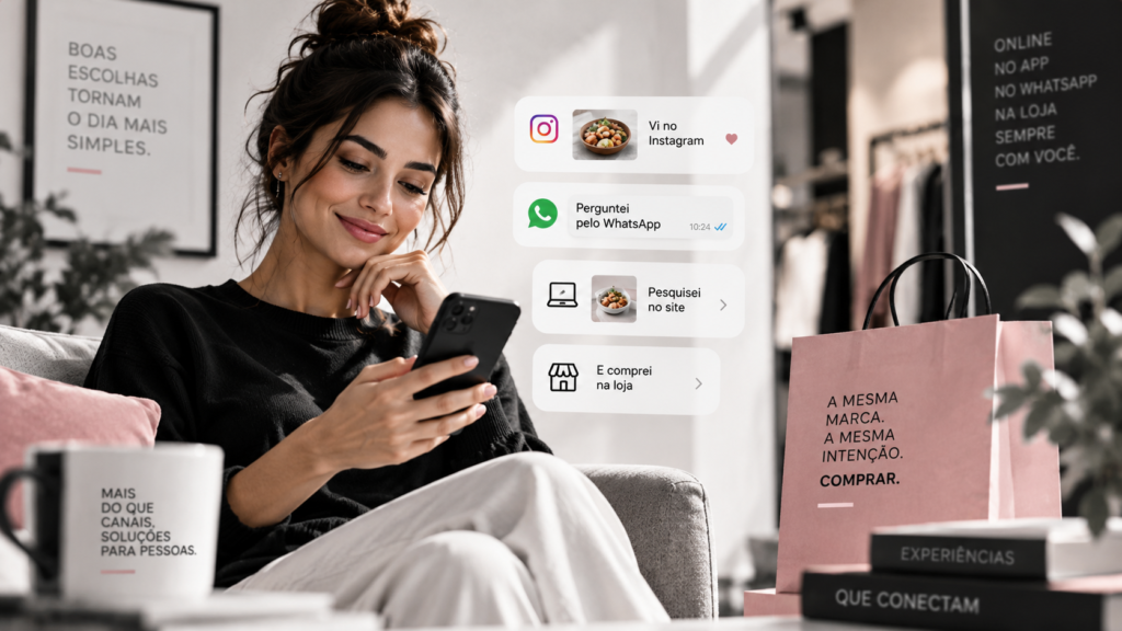 Cliente conectando diferentes canais digitais e físicos em uma experiência omnichannel de compra.
