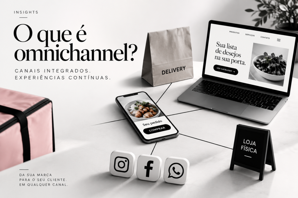 Ilustração sobre omnichannel com site, aplicativo, redes sociais, delivery e loja física conectados em uma experiência integrada.